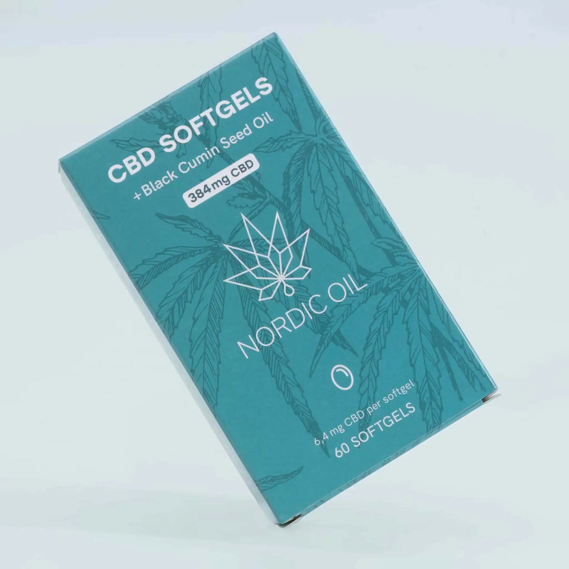 The package of CBD Capsules (384 mg) is on the left edge, on a blue background.