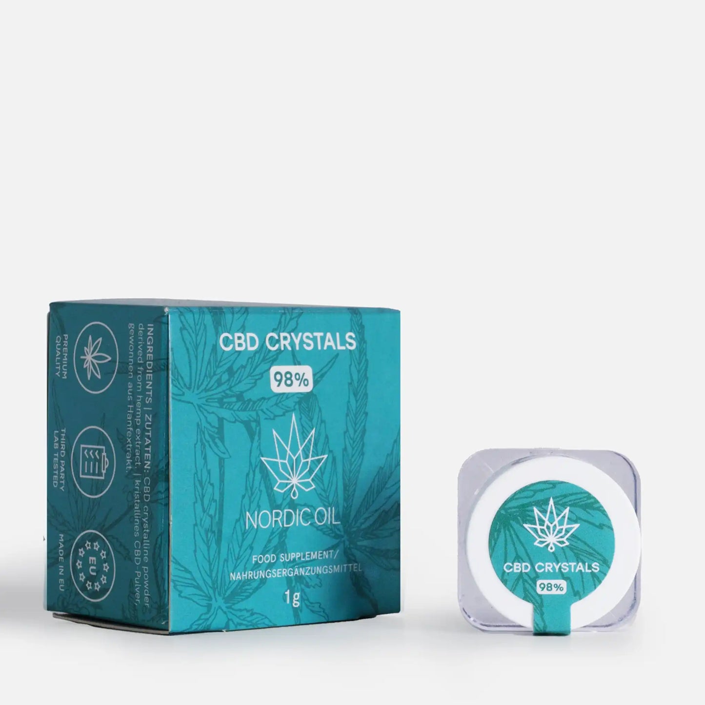 The CBD crystals are next to the packaging