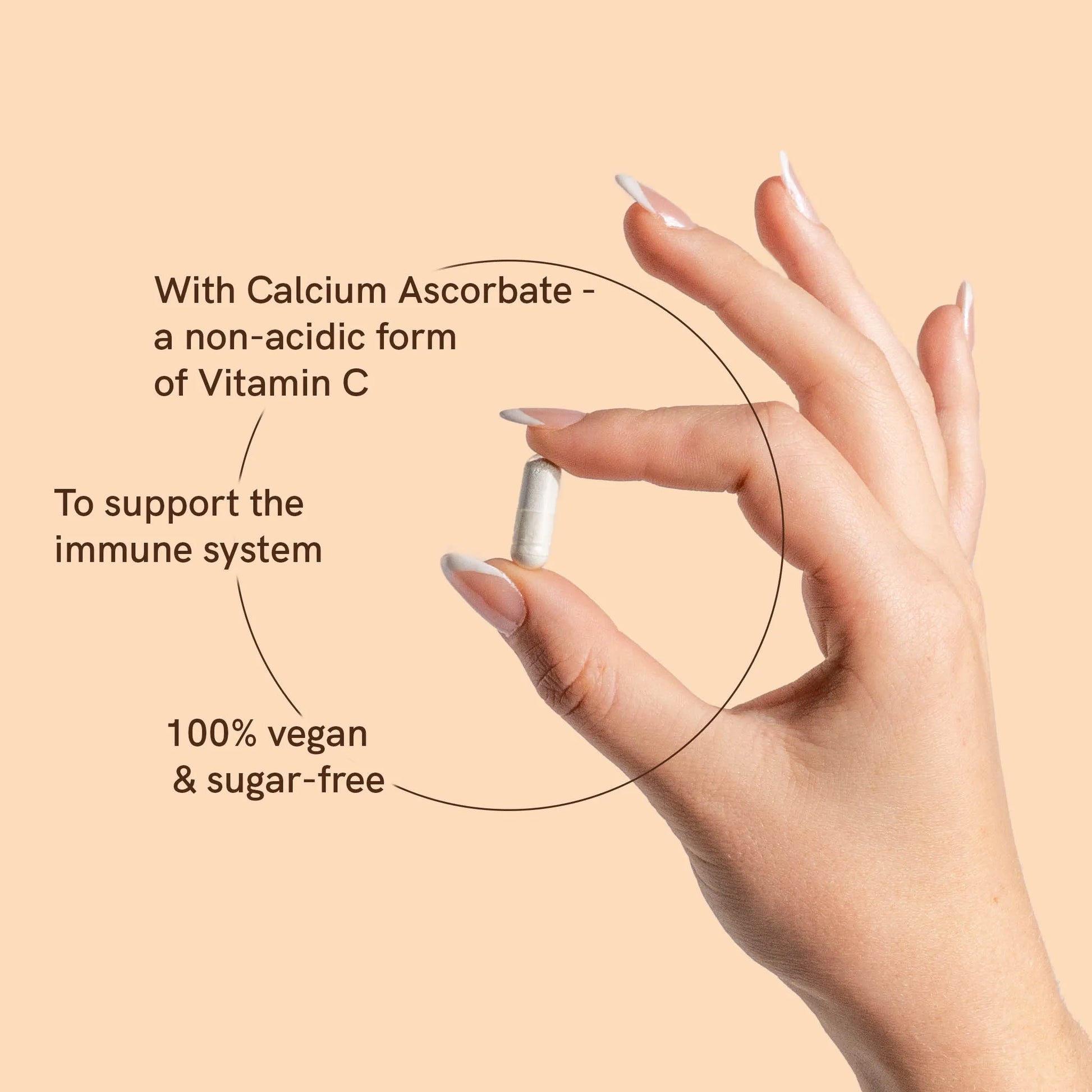 a hand holds a vitamin c capsule with description