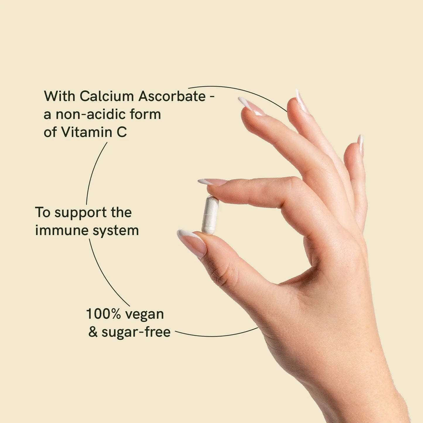 a hand holds a vitamin c capsule with description