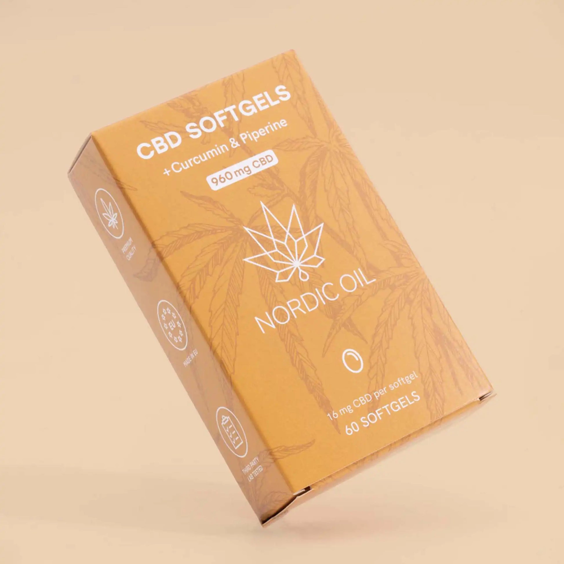 The package of CBD Capsules (960mg) with Curcumin is on the side in the border on an orange background.