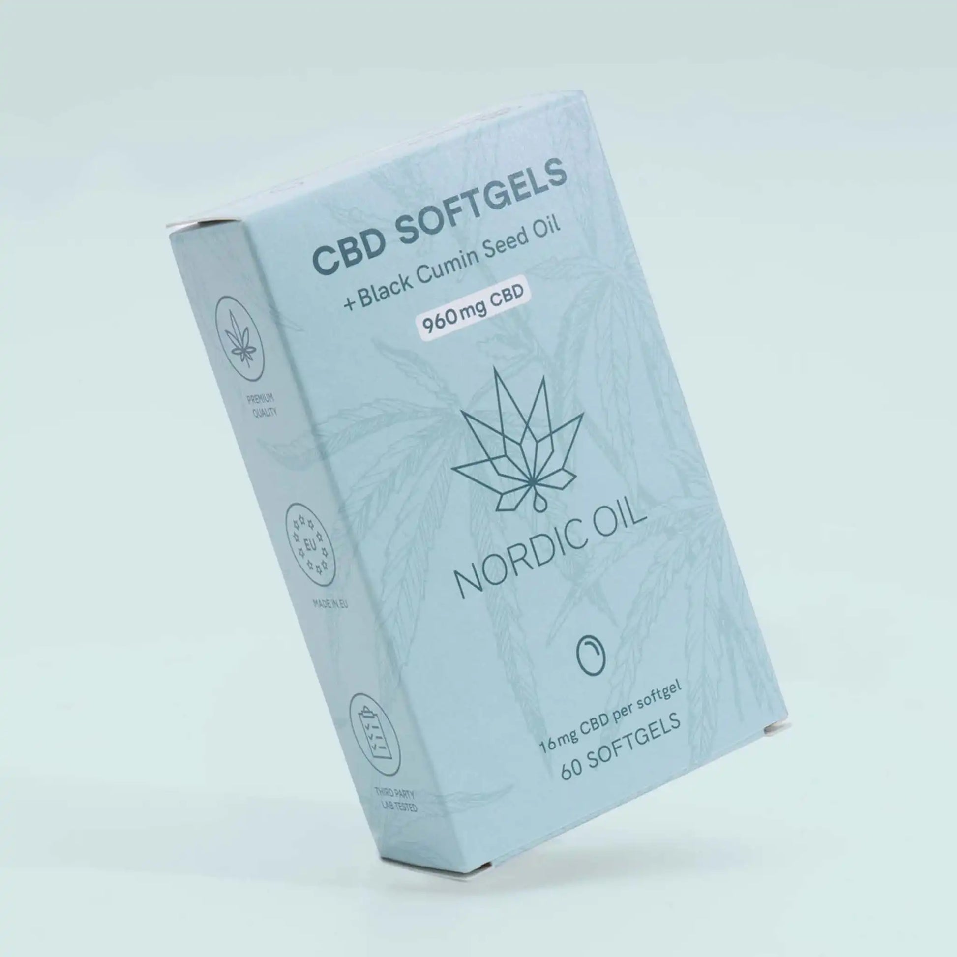 CBD 960mg capsules is on the left border, on a blue background.